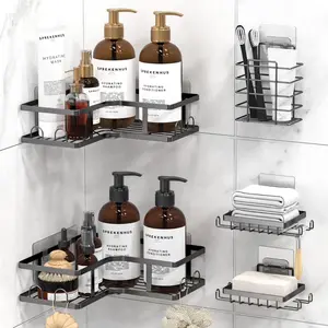 5-Pack Shower Caddy Corner, L-Shape Adhesive Shower Organizer, Rustproof Stainless Steel Shower Shelves w 16 Hooks, Toothpaste Holder&Soap Holder