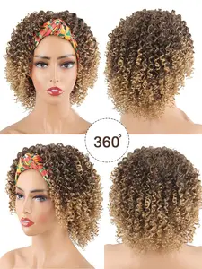 Short Afro Curly Headband Wigs for Women, Deep Curly Wigs with Headband, 2 in 1 Afro Kinky Curly Wigs with Turban Scarf T4/27, Curly Synthetic Headband Style Wig