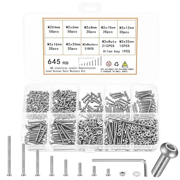645 Pcs M2 Screws Kit,M2 Machine Screws and Nuts and Washers Set, Assorted Stainless Steel Button Head Socket Cap Screws Nuts and Bolts Assortment Kit