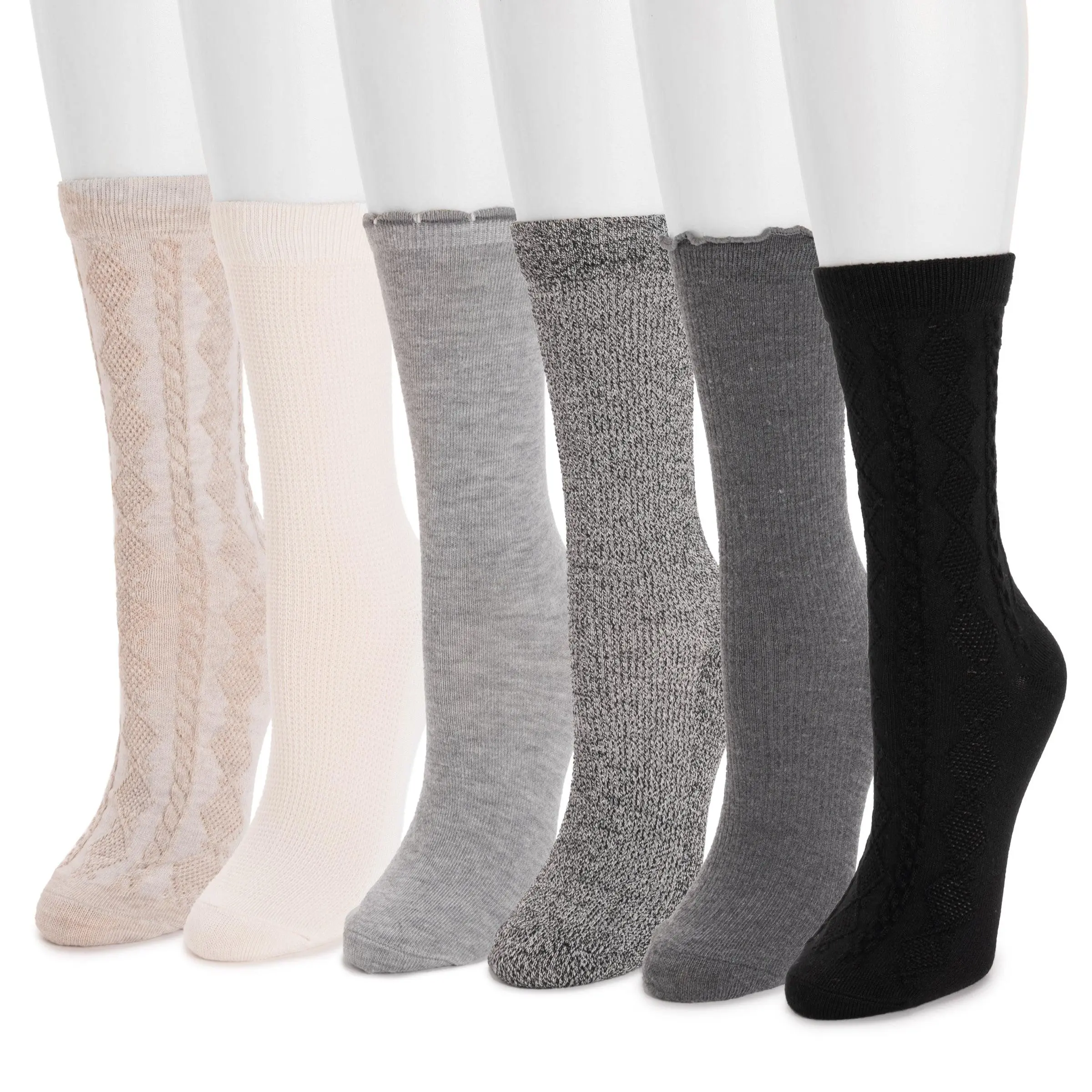Women's 6-Pack Buttersoft Cloud-Like Ribbed Mid-Calf Crew Socks, 8-in Ribbed Cuff, Snug Fit, Casual Everyday Wear, Recycled Poly Fabric, Soft Neutrals Mix, Bleach-Free Bundle Socks, Bleach-Free Mid-Calf Socks, Casual Socks