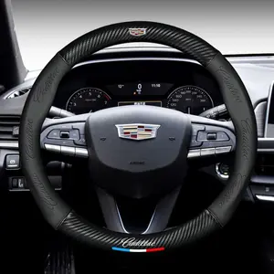 Carbon Fiber Nappa Leather Steering Wheel Cover for Cadillac Models, Premium Car Interior Accessory, Comfortable Grip & Style Upgrade, Logo