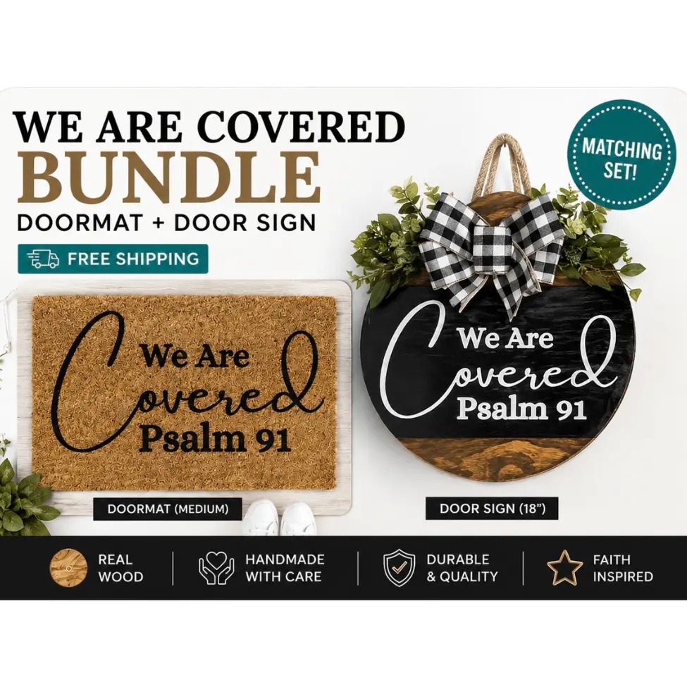 Christian Scripture Bundle, Matching Doormat & Door Sign, Faith-Inspired Front Porch Decor
