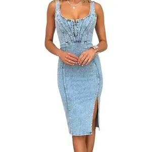 Women's denim dress with sleeveless side slit