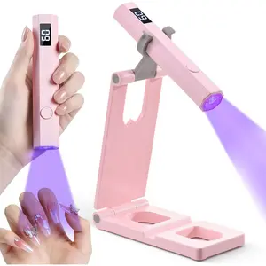 Handheld UV Nail Light with Stand, Mini Hand Held Nail Lamp with LED Display, Rechargeable Flash Cure Nail Lamp, Settings 20/60s Timer, Small Nail UV Light for Gel Nails Polish Home DIY, Pink