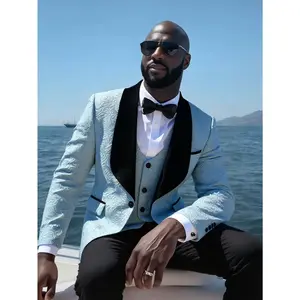 Men's Shawl Lapel 3-Piece Suit Set | Slim Fit Tuxedo with Floral Jacquard Blazer & Vest & Black Pants for Wedding, Prom, Dinner Party