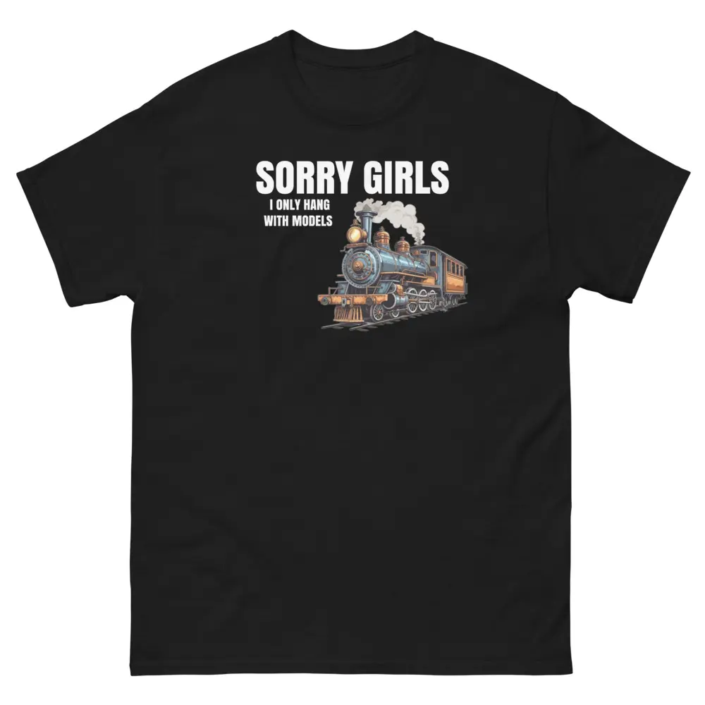 Men's Funny Model Train Round Neck Short-Sleeve Yarn Tee - Classic Cotton Fabric, Polyester Sleeves, Streetwear T-Shirt, "Sorry Girls I Only Hang Out with Models" Graphic Top