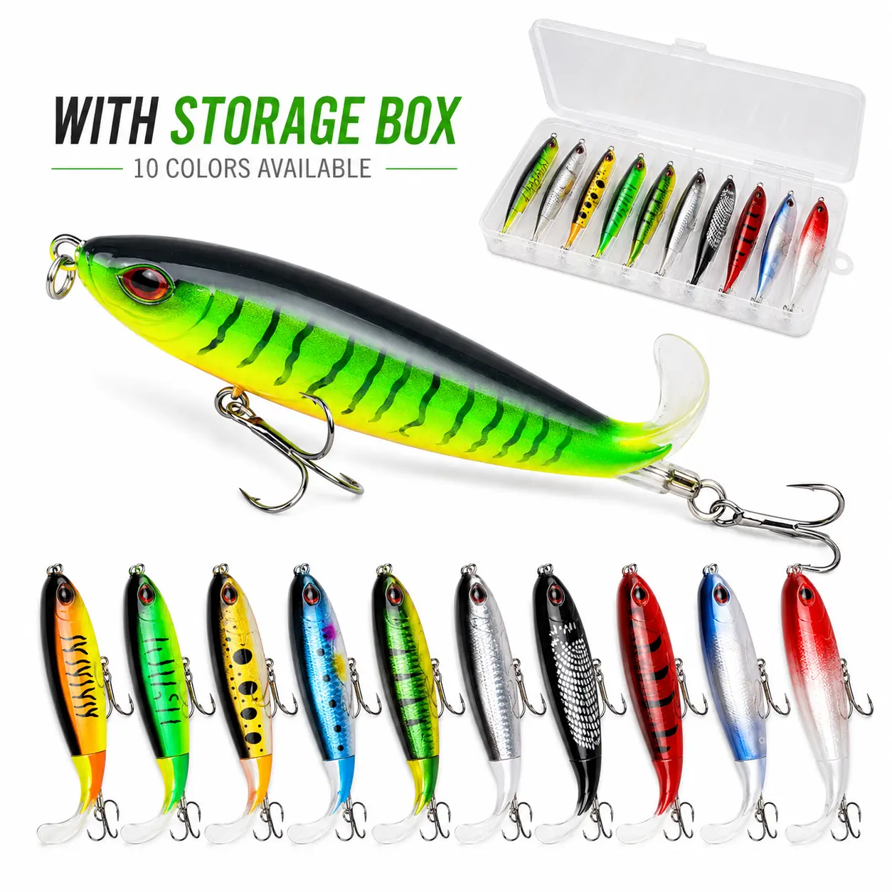 5/10 Pcs Whopper Fishing Lure, for Bass Popper Top Water Fishing Lures, with Floating Rotating Tail Barb Treble Hooks, in Saltwater Freshwater Plopping Lures Kit