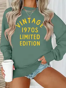 Vintage 1970s Print Long Sleeve Round Neck Sweatshirt, Limited Edition Retro Style, Casual Loose Fit for All Seasons