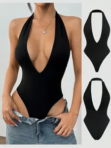 Black Deep V-Neck Backless Bodysuit, Sexy & Casual Minimalist Style For Women