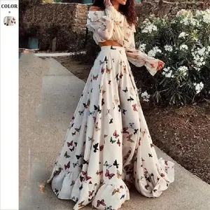 European and American Cross-Border Internet Celebrity Butterfly Print Two-Piece Bohemian Large Hem Long Skirt Beach Dress Summer White