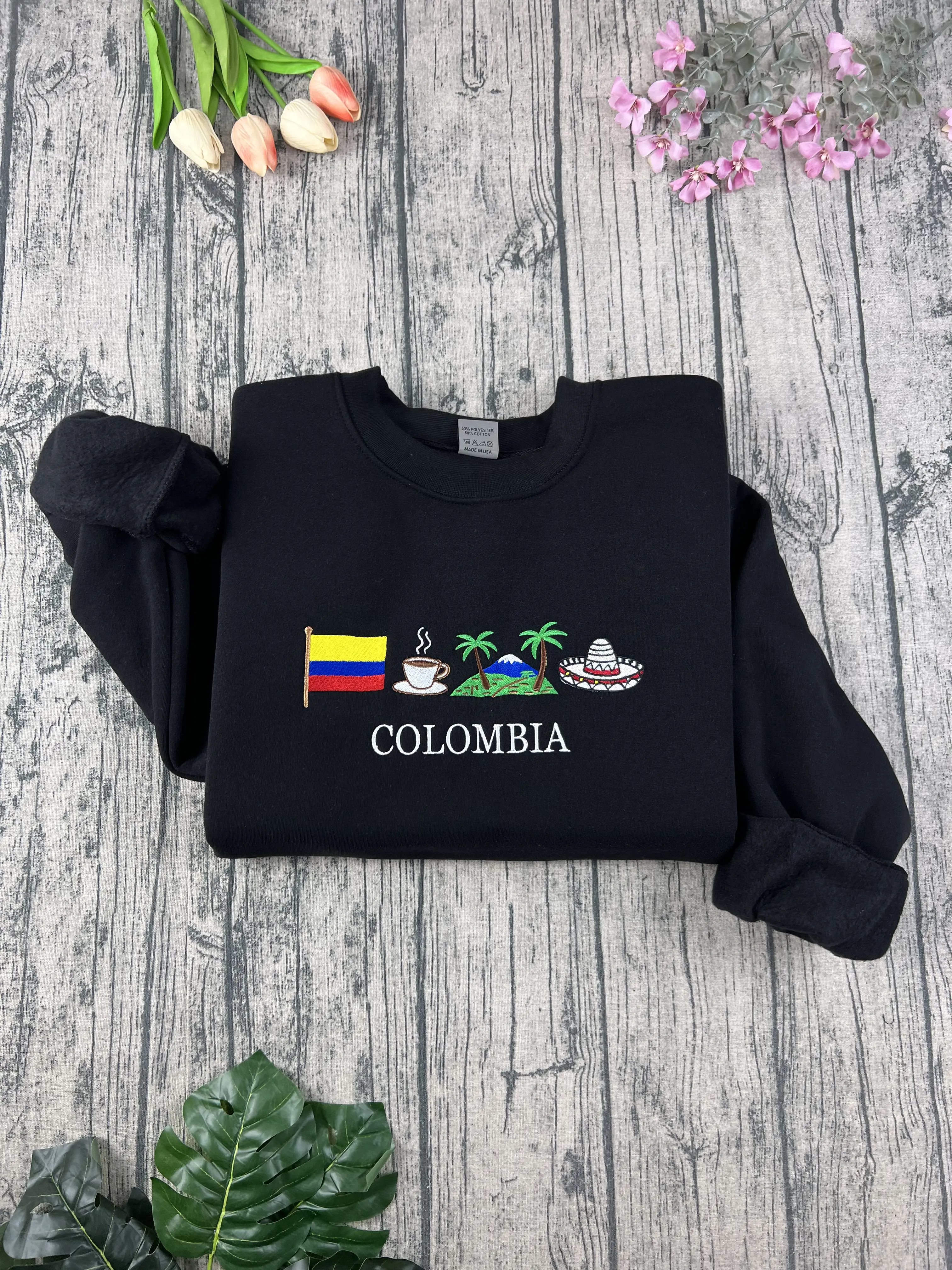 Colombia Embroidered Sweatshirt, Cozy, Black, Sombrero Vueltiao,Cafe Eje Cafetero, Palma de Cera, Andes Symbol Stitch Crewneck Unisex