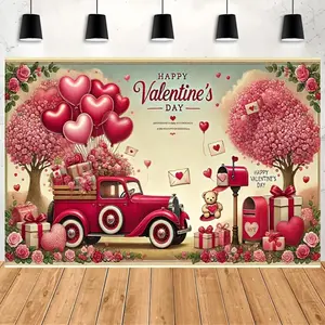 1PC Retro Red 2D Flat Truck Valentine's Day Love-Themed Polyester Backdrop Banner, Reusable Home & Party Decor for Couple Confessions, Birthday Photo Shooting Background