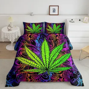 Feelyou Cannabis Leaf Quilted Down Comforter Set - Duvet Included, Bohemian Trippy Botanical Decorative Bedding Set for Teens