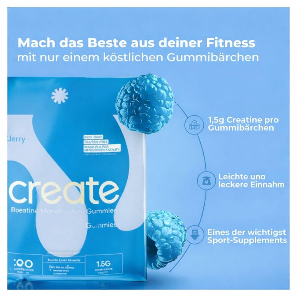 Create Creatine Monohydrate Gummies – Blue Raspberry Flavor, 1.5g Creatine Per Gummy, 90 Gummies, Easy Chew, No Powder, Vegan, Non-GMO, Gluten-Free