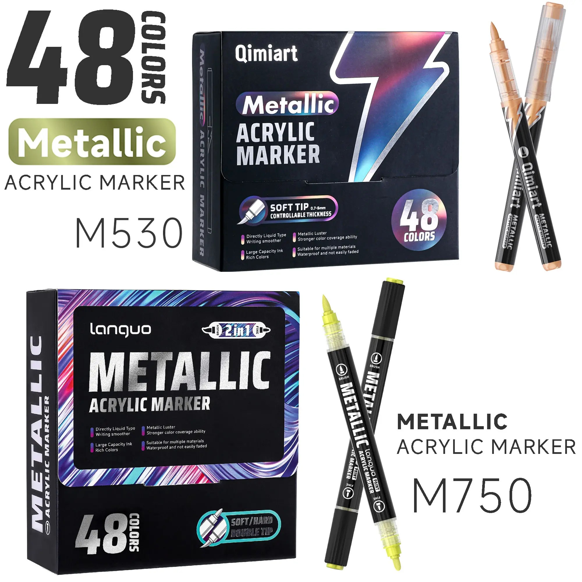 Metallic Acrylic Marker Pen Set, Permanent Drawing Markers with 48 Colors, Dual Tip Options for Ceramic Glass and Plastic Art, Essential School Supplies and Gifts