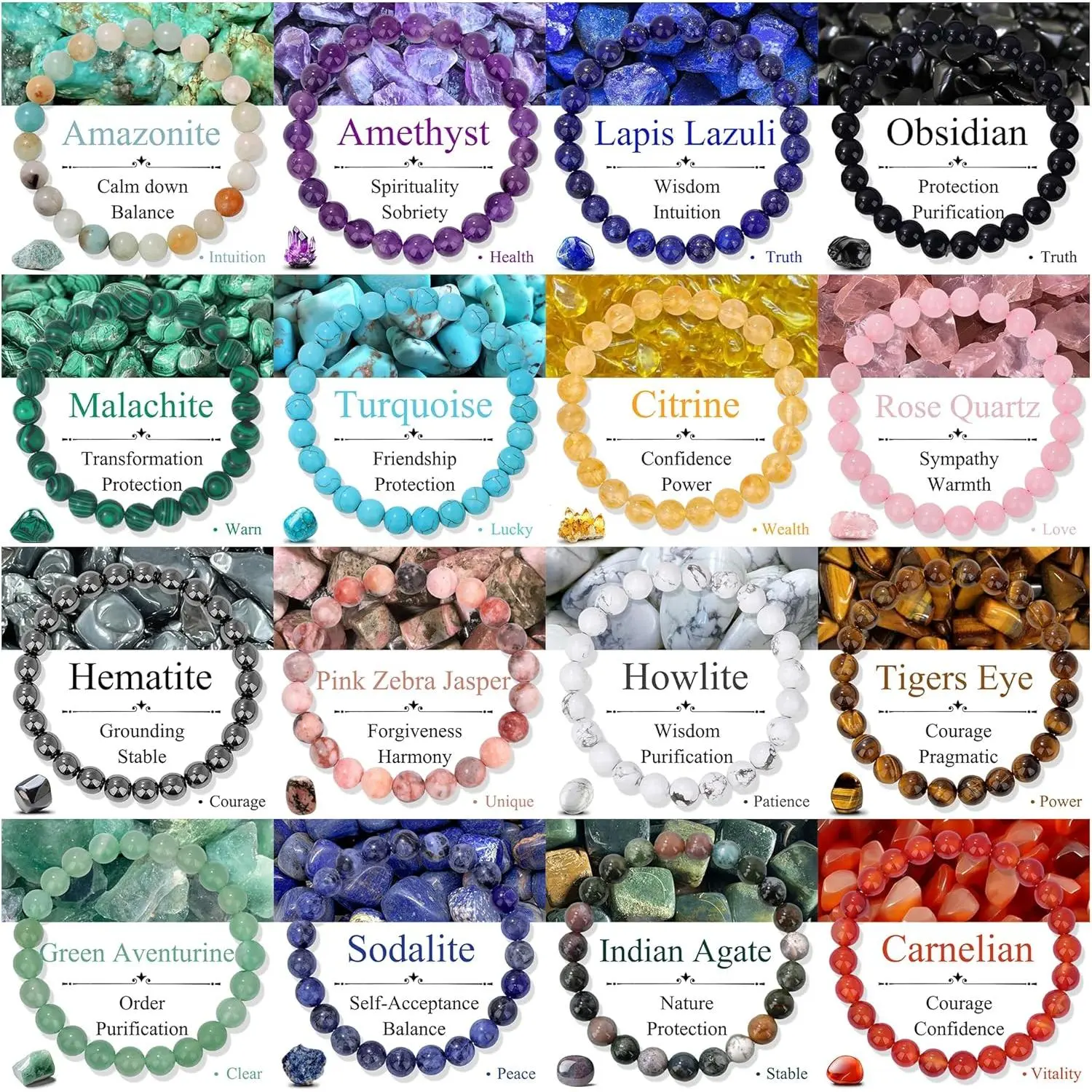Unisex 16Pcs 8mm Natural Healing Crystal Bulk Bracelets - Semi-Precious Gemstone Round Beaded Elastic Stretch Bracelets with Amethyst, Citrine, Turquoise Stones, Malachite for Yoga