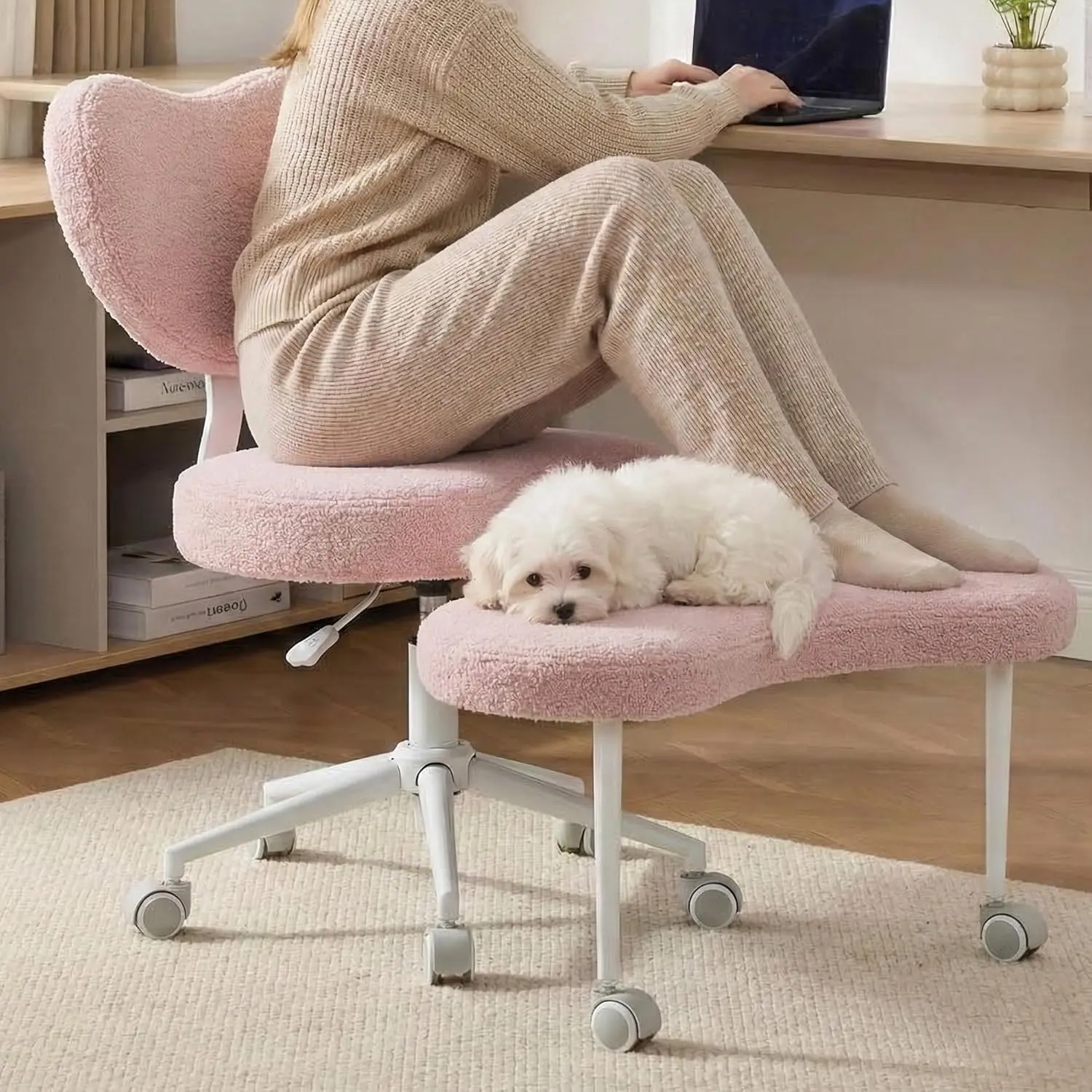 DUXELIFIN Pink Teddy Fabric Cross-Legged Meditation Office Chair for Adults - 360° Rolling Wheels, Height Adjustable, Ergonomic Lumbar Support, Memory Foam - Indoor WFH Squatting Chair for ADHD Sitters