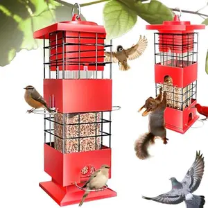 Squirrel Proof Bird Feeder, Metal Bird Feeders for Outdoors, 3Lbs Birdfeeder Outside Hanging, Weight Activated Spring, 4 Feeding Ports, Cardinals, Finches, Wild Birds，Tree Trunk-Inspired hue