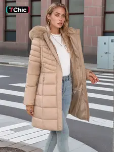 Women's Fall Winter Mid-Length Cotton Coat, Faux Fur Hood and Collar, Casual Fashion Outerwear with Side Pockets and Zipper Design, Quilted Puffer Coat