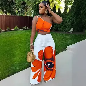 two-piece set woman Flower Print Two Piece Set for Women Y2K Clothes One Shoulder Crop Top and Loose Wide Leg Pants Matching Sets Outfits Vacation