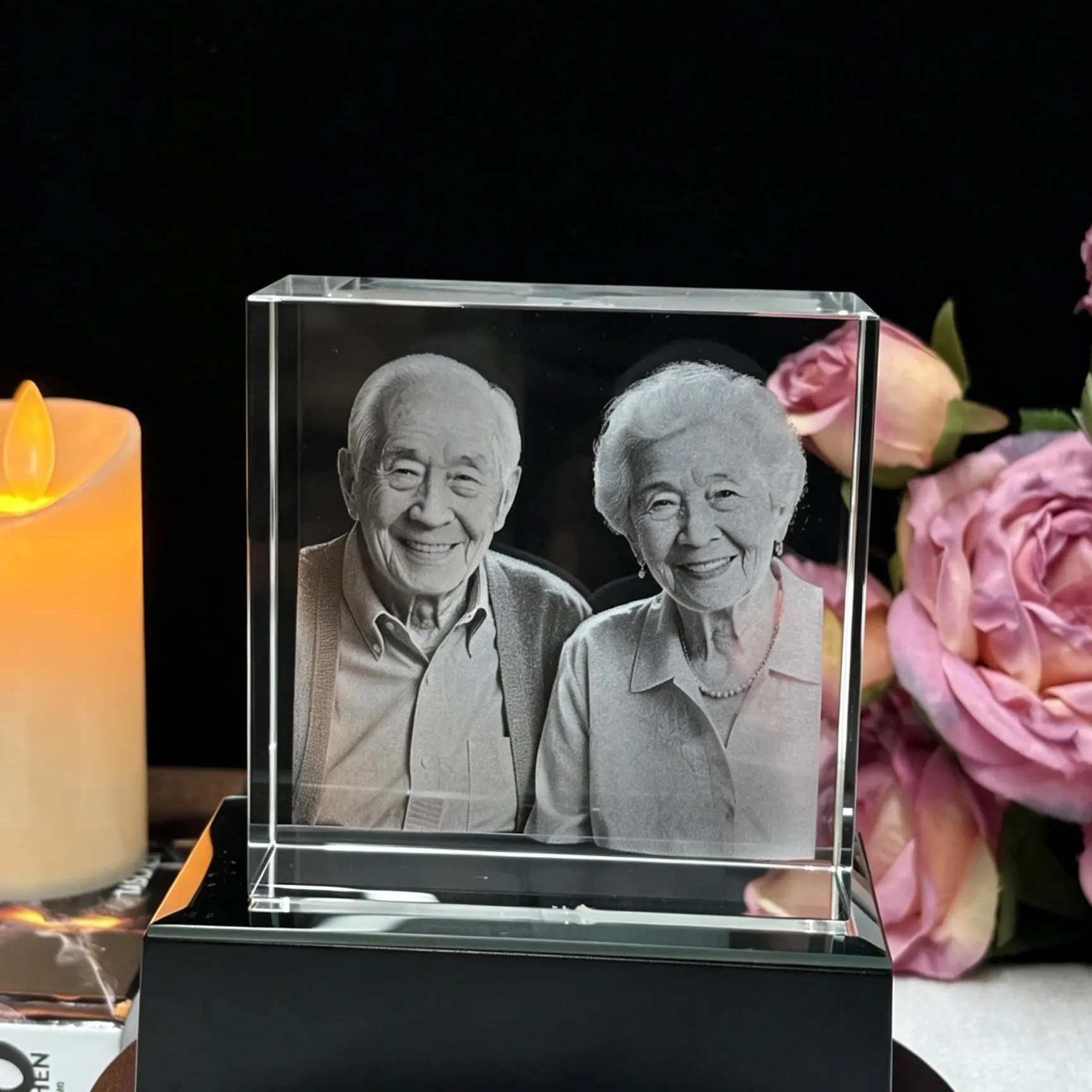 Unique Handmade Square 3D Photo Album Crystal Cube, Custom Clear Laser Etched Family Memory Picture Block with Colorful LED Stand, Exquisite Home Photo Collection Ornament, Perfect Sentimental Souvenir Gift for Friends, Lovers & Family Desktop Decoration