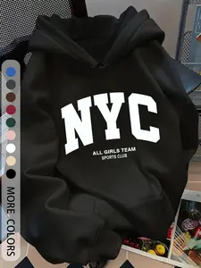 Women's Adjustable Drawstring Pocket Hoodie with Nyc Letter Print, Loose Fit Long Sleeve Casual Hooded Sweatshirt for Spring & Fall, Womenswear, Drawstring Hoodie Top