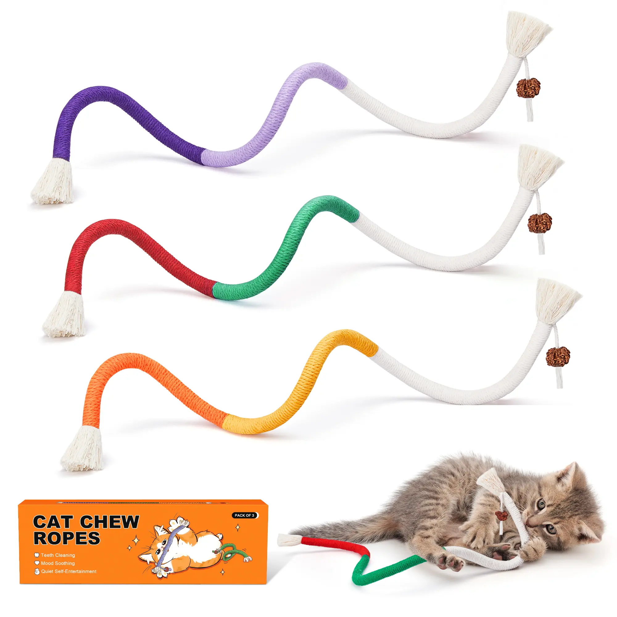 Potaroma Cat Toys Chew Ropes 3Pcs, Safe Teeth Cleaning Toy for Indoor Kittens, Calming Interactive  Kitty Toys #SummerVibes #petlovers