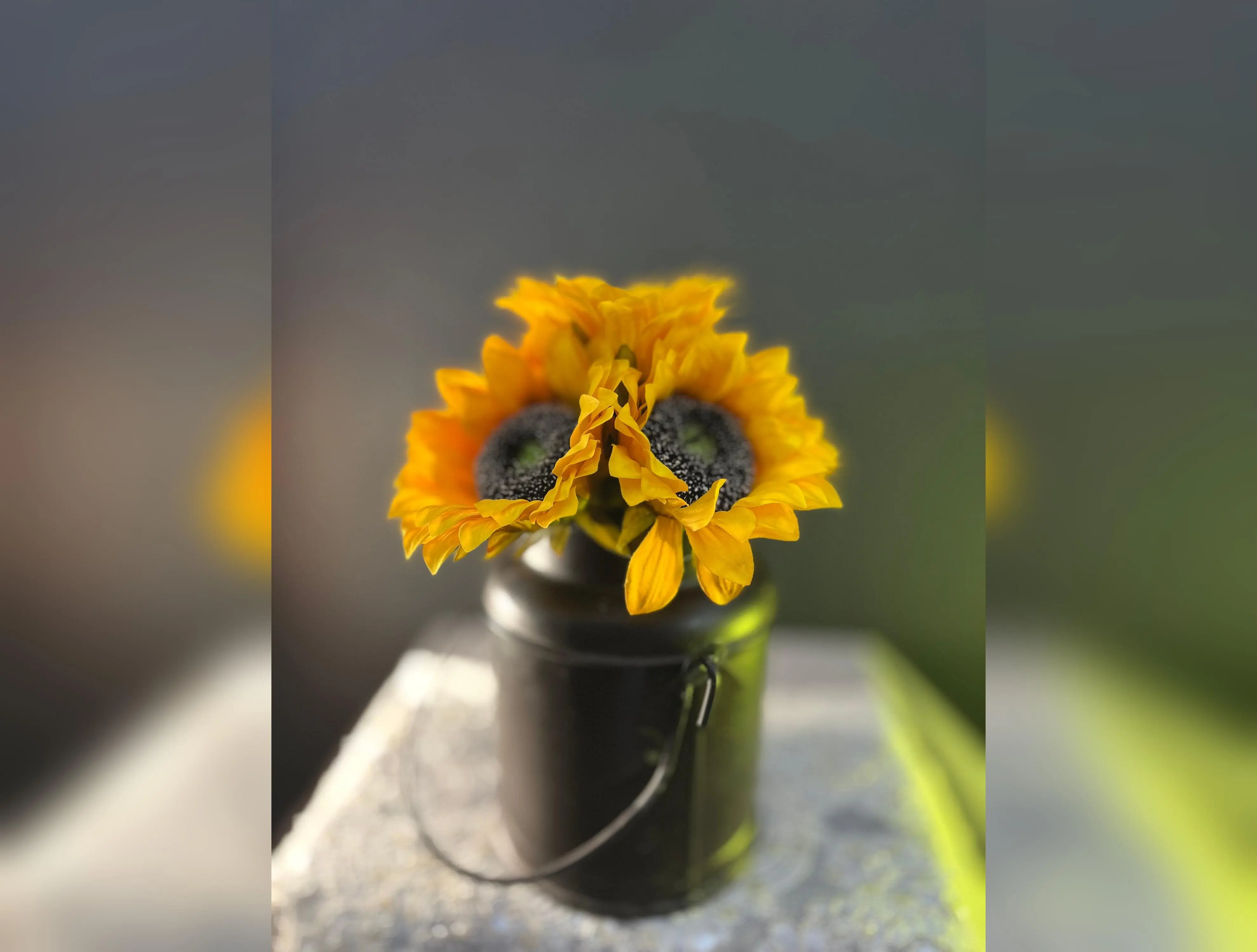 Golden Glow, large sunflowers in a rustic pail, artificial flower arrangement