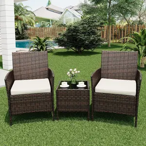 OUTGOODS 3 Piece Patio Bistro Set – Outdoor PE Rattan Furniture with 2 Chairs & Coffee Table – All-Weather Wicker – Soft Cushions – Perfect for Backyard, Balcony, Porch, Apartment