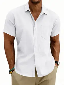 Men's Hawaiian-style linen loose-fit semi-high-neck short-sleeved top, designed for casual daily wear with comfortable and breathable fabric