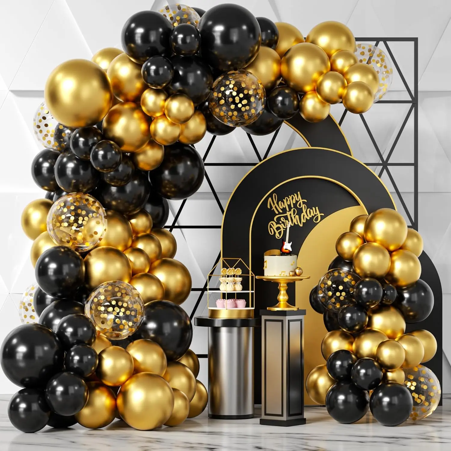 Black  Balloons Garland Kit, 100 count Black  Metallic Chrome and  Confetti Balloons Arch with Balloon Tape for Wedding, Birthday,Graduation, ,Special Events Party Decoration