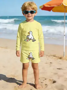 Spring and Summer Collection Duck Playing Game Console On Beach Boy's Leica Shorts + Long Sleeve Swimsuit Set two-piece sun protection Quick-drying and breathable, skin-friendly and soft beach vacation casual versatile children's separate swimsuit