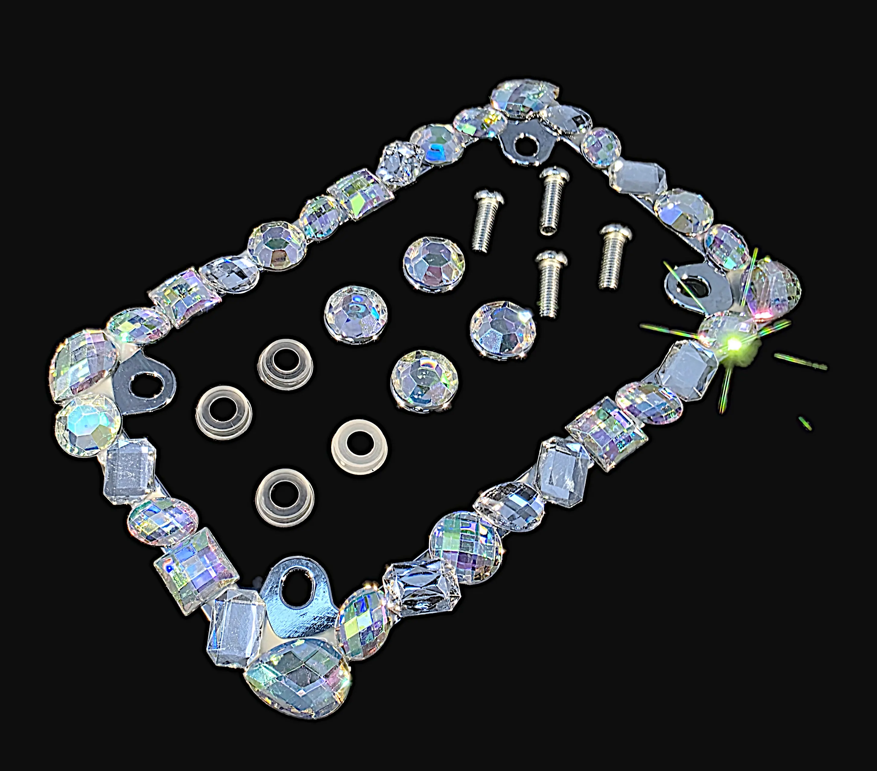 Dazzling Addiction 3D Bling Motorcycle License Plate Frame Big Chunky Rhienstones Clear AB Made in USA Handmade 1 Row Holder Screw Caps Personalizable Customizable Customized White Bedazzled Sparkly Bike Parts for Girls and Women 4 Holes Crystals Diamond