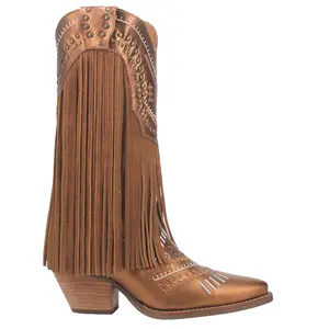 Dingo Womens Gypsy Studded Fringe Metallic Snip Toe Pull On  Casual Boots Mid Calf Low Heel 1-2" - Brown