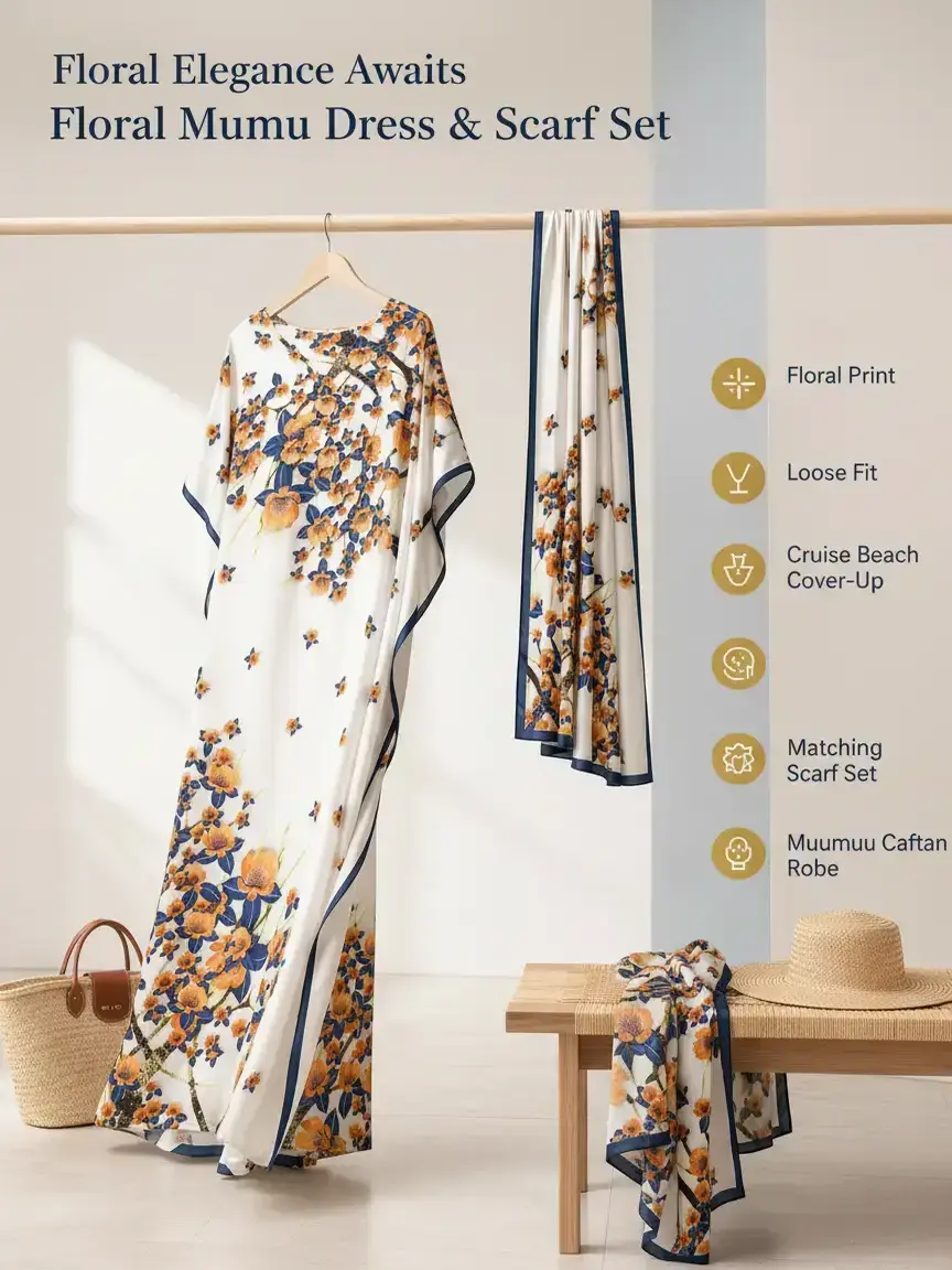 Women's Floral Muumuu Dress, Loose Caftan Robe with Matching Scarf, Colorful & Comfortable 2-Piece Set for Beach, Cruise, Vacation