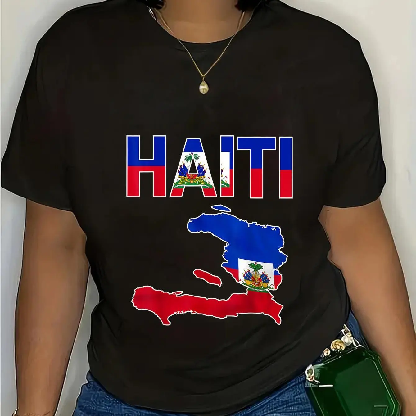 Lady's 100% Cotton Short-Sleeve Round Neck Casual Everyday T-Shirt - Happy Haitian Flag Day, Haiti Flag Map, Haitian Pride Graphic Top, Shortsleeve, Tshirt, Women, Country Flag Design Women's T-Shirts