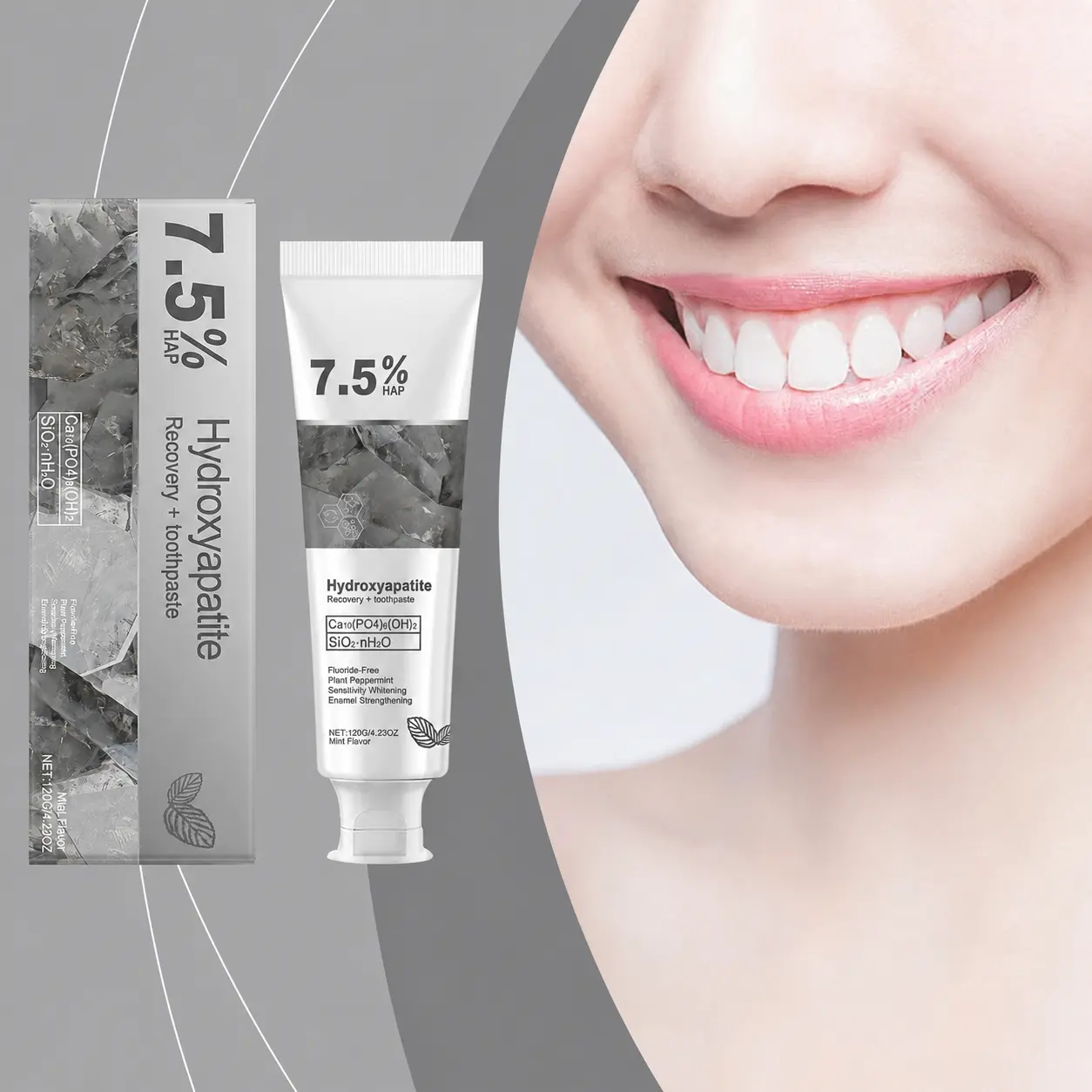 7.5% Hydroxyapatite Toothpaste, Fluoride-Free Enamel Strengthening Mint Toothpaste, Sensitivity Whitening Recovery Toothpaste, Plant Peppermint Fresh Breath Daily Oral Care
