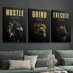 3-Piece Framed Wall Arts Set - Water Proof Glossy High-Definition Canvas Oil Prints & Posters, Ready-to-Hang, Featuring Golden-Clad Eagles Lions Wolves, Inspirational Quotes, Home Decor, Ideal Gift for Living Room