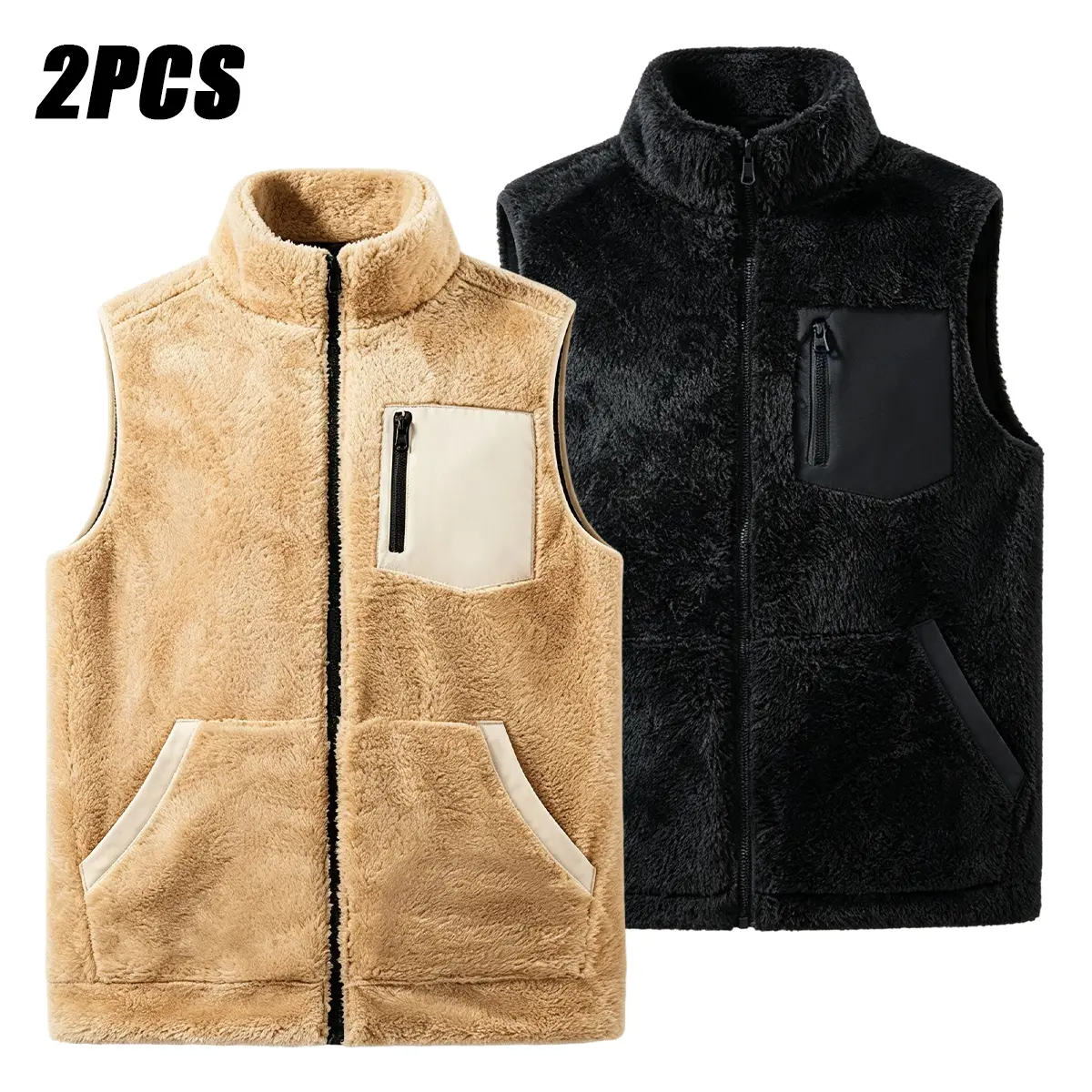 2PCS Men's Fuzzy Fleece Stand Collar Vest, Full Zip Sleeveless Sherpa Waistcoat, Contrast Patch Zipper Chest Pocket & Side Pockets, Soft Warm Casual Outerwear for Daily Commuting and Outdoor Activities