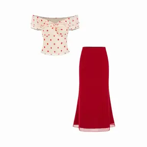 Cider Mesh Off-Shoulder Polka Dot Ruffled Top & Mermaid Maxi Skirt Set SwimWeek