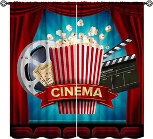 Movie Theater Blackout Curtains Red Vintage Elegant Theater Popcorn Filmstrip Clapboard Tickets Art Print Bedroom Living Room Rod Pocket Decoration Window Drapes 2 Panels W26xL84in