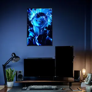 Jujutsu Kaisen Satoru Gojo Poster, Electric blue aura with blindfold and glowing hair, High quality cardboard sharp pattern poster, for anime fans bedroom office gift Decor Light