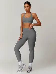 Women's Seamless Solid Color Sports Set with Neck Halter Bra and High Waist Yoga Pants, Perfect Gym for Yoga Girls, All-Season Fitness Wear, Yoga Gym Activewear, Athleisure Wear Set, Sporty High Stretch, Yoga Outfit Set, Activewear Clothing, Gym Apparel