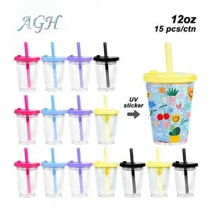AGH US 15PCS 12OZ NEW 2026 SPRING COLOR SNOW GLOBE Plastic Car Coffee Mug Tumbler with Leak-proof Lids Bubble Tea Straws for Traveling