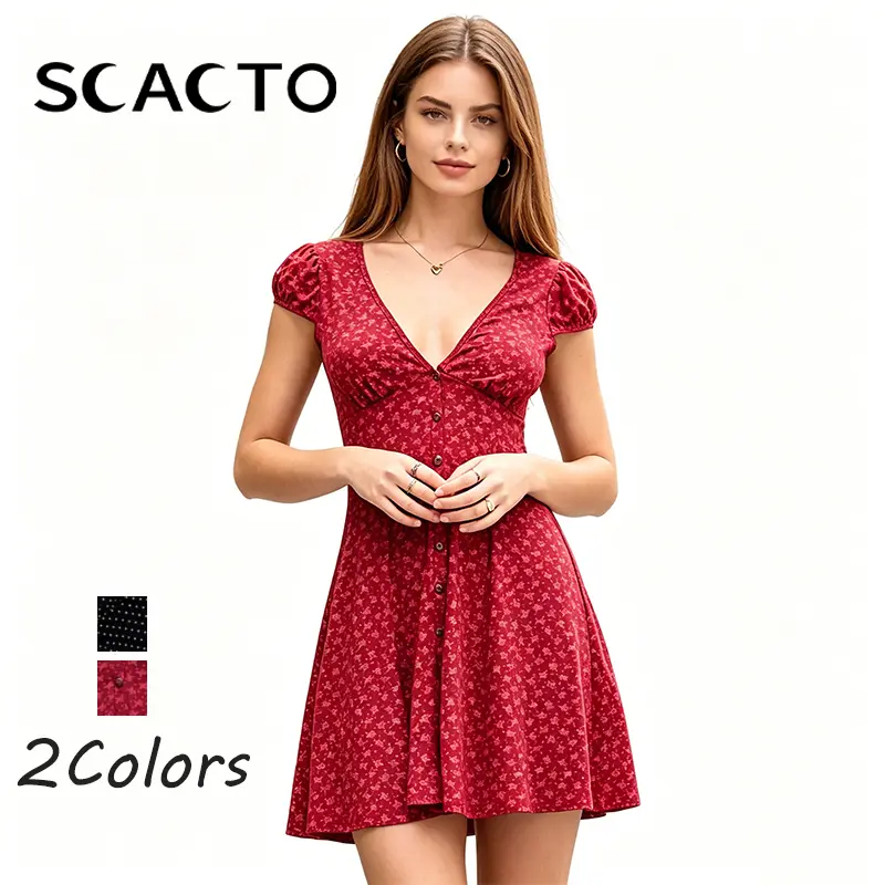 Scacto Women's Casual Plaid Shirt Dress, a Short Sleeve Button Down Basic Piece in Polyester for Summer Street Wear, Everyday