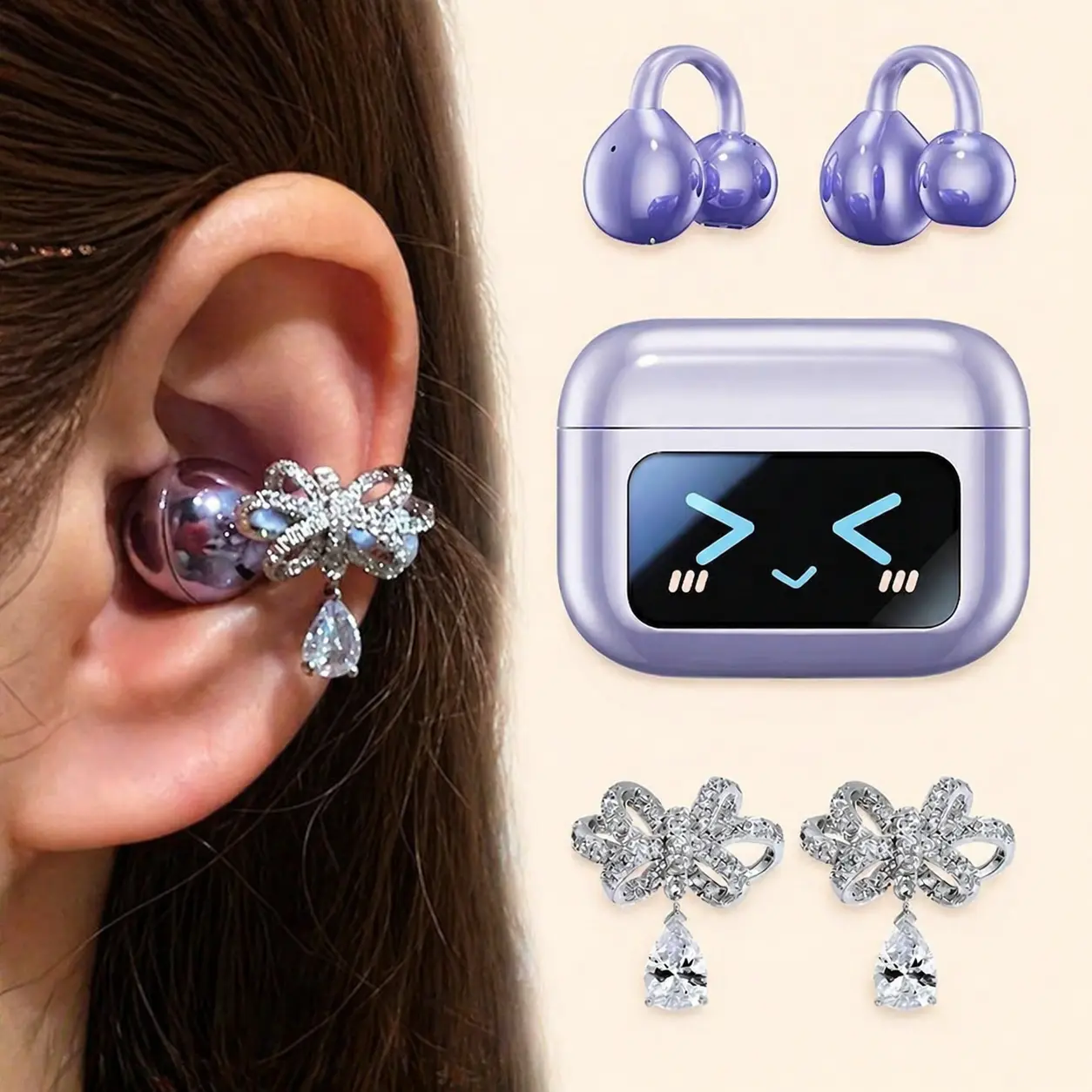 [Summervibes] Tukio 2026 M100 Fashion Clip-On Earphones, featuring interchangeable earring accessories, an audio-visual touchscreen, and wireless audio transmission technology. Equipped with Bluetooth 6.0 for faster and more stable connections summerwins