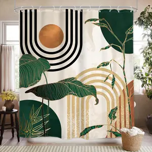 Green Boho Shower Curtain 60Wx72L Inches, Abstract Retro Mid Century Shower Curtains for Bathroom Decor,Minimalist Tropical Modern Shower Curtain Set Home Decor 12 Pack Hooks