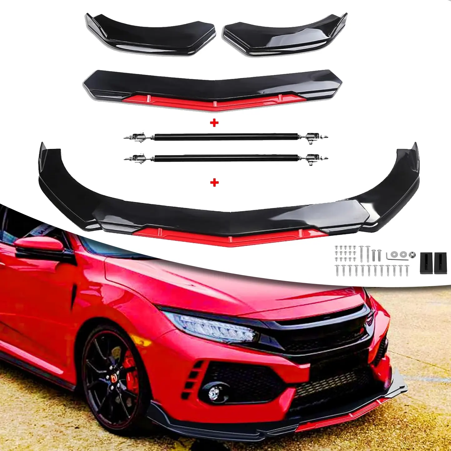 Universal Front Bumper Lip Spoiler Splitter Body Kit, 1 Set (Black Red Sharped Point) - Automotive Parts, Car Accessories, Accessories for Car - Compatible with Select Honda, Toyota, Hyundai, Cadillac, Nissan, Ford, Mazda Models - Alleviates Damage
