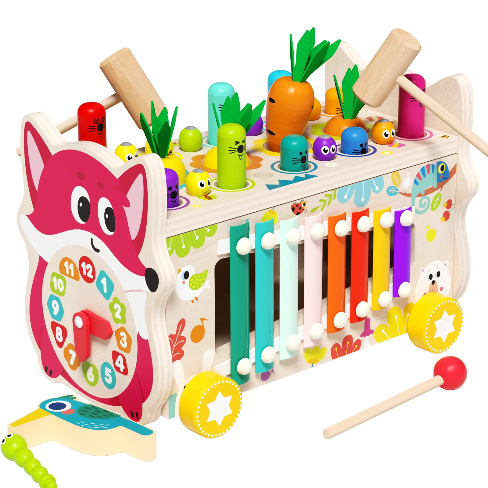 8 in 1 Wooden Activity Center for Toddlers 1 2 3, Montessori Wooden Hammering Toy with Xylophone, Durable Busy Board for Kids, Interactive Educational Game, Perfect Birthday and Christmas Gift for Early Learning and Fine Motor Skills