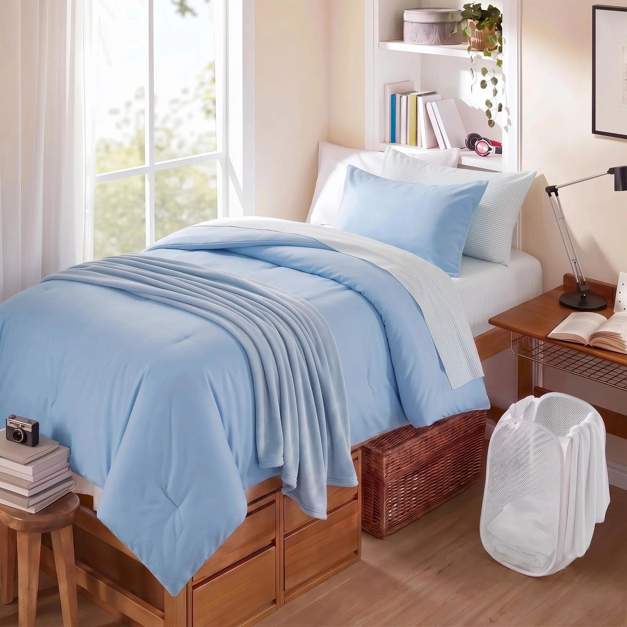 Bed in a Bag Dorm Set - Lightweight All Season Comforter, Complete College Bedding Set with Laundry Bag